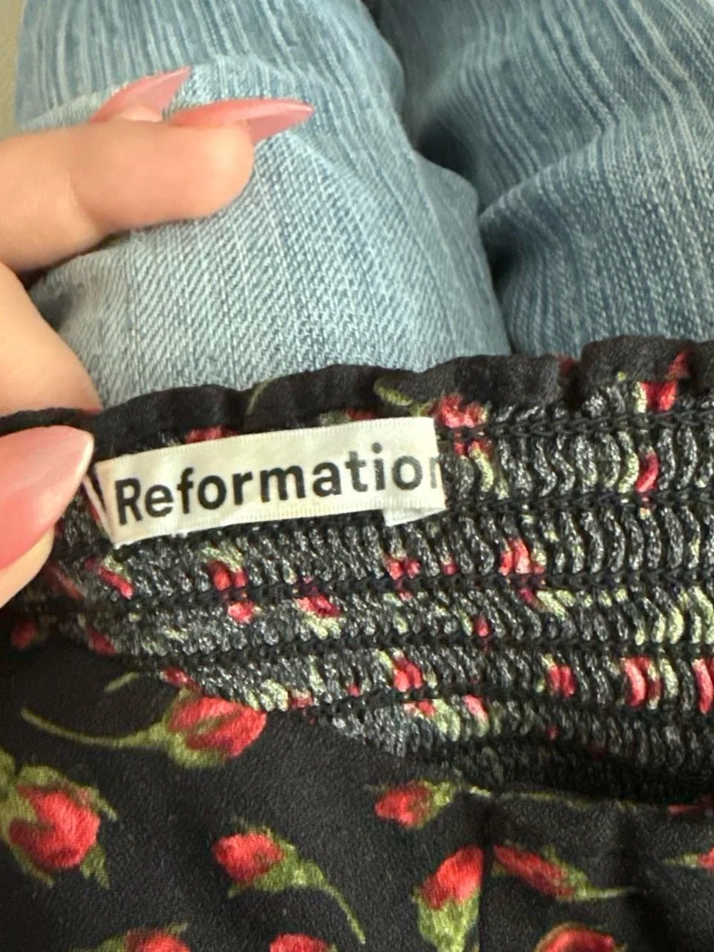 Reformation Reign Top — Black Square-Neck Blouse with Red Floral Print